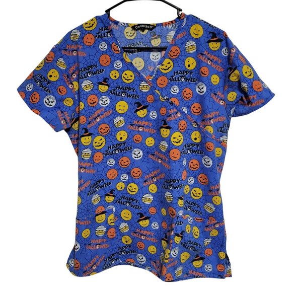 Cassandra O Halloween Scrub Top Womens Size Large Smiley Faces Medical Uniform - Picture 1 of 5